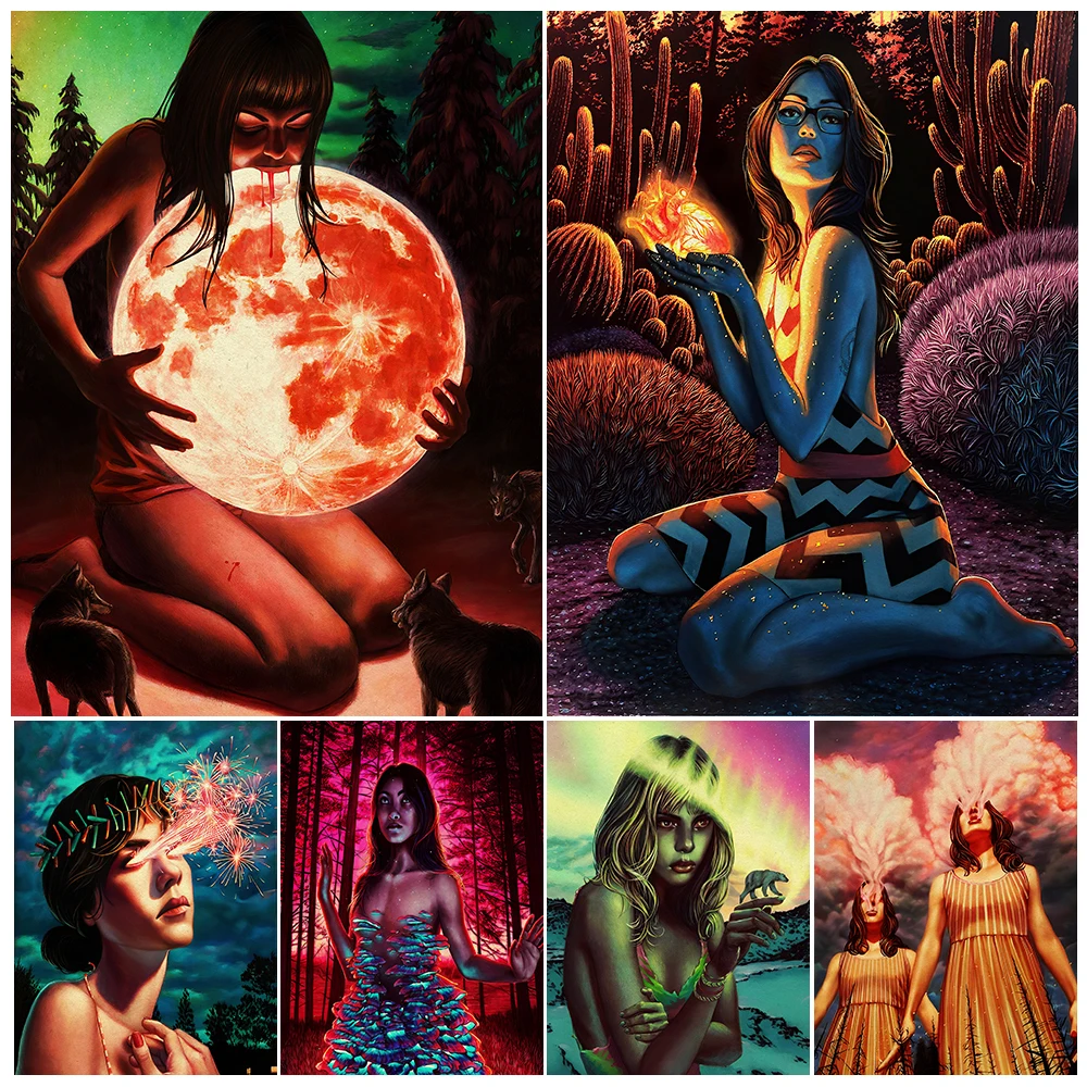 Дикая девушка Грызущая на Луне винтажная Настенная картина холсте Девушка в лесу