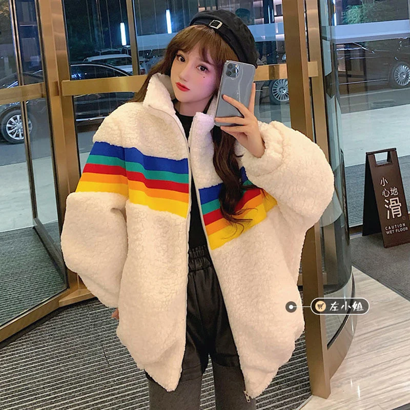 

Women's Cashmere Thickened Rainbow Lamb Wool Coat Women Winter Korean Loose Soft Warm Jacket Sweater
