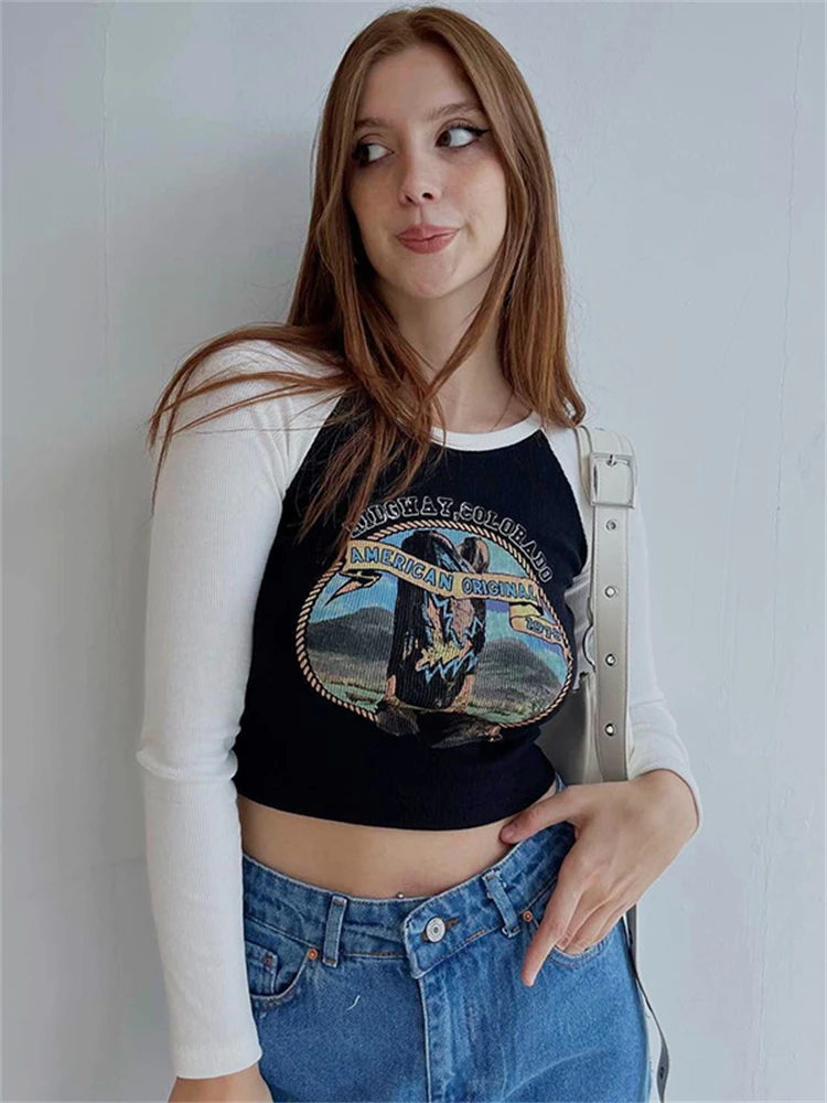 

Женская футболка с длинным рукавом, круглым вырезом и принтом