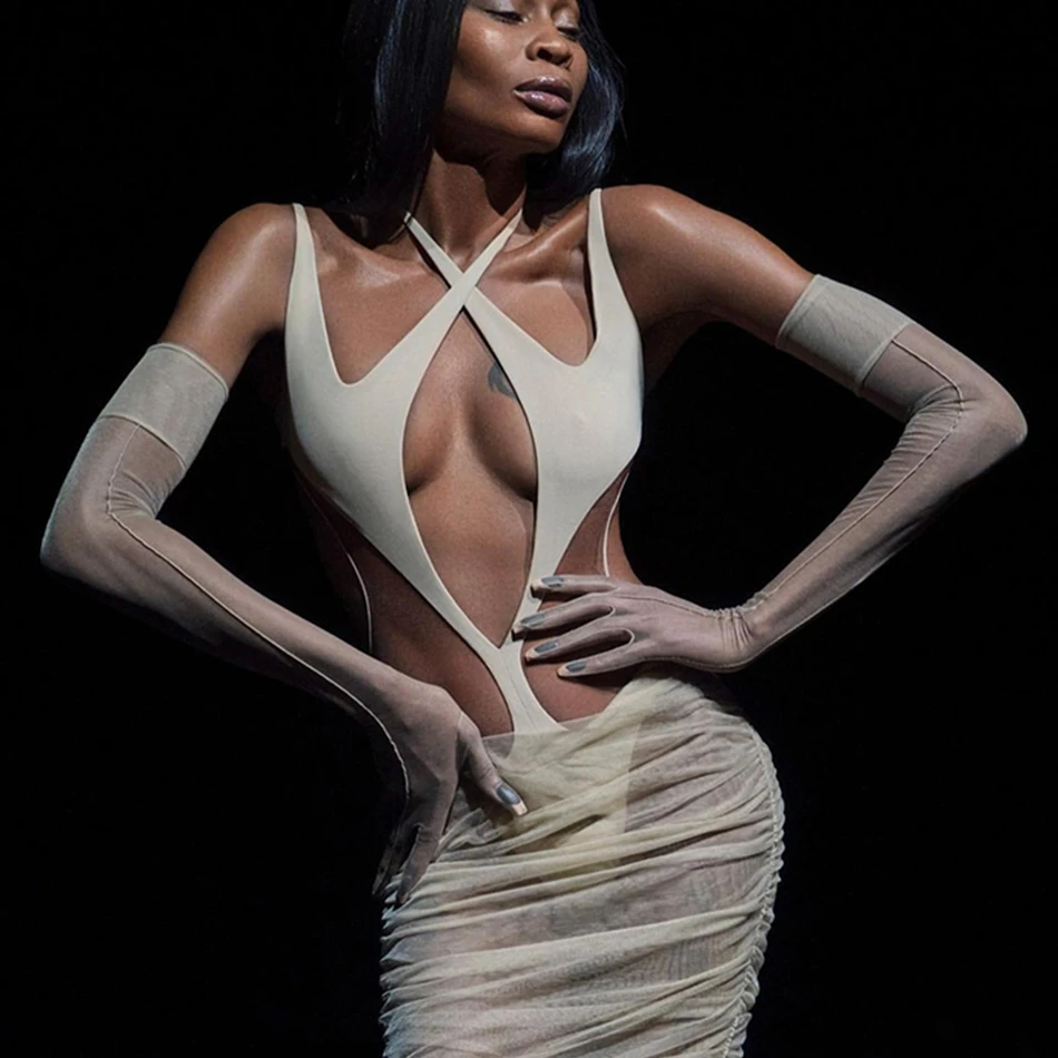 

Новинка 2023, модное платье для ночного клуба с лямкой на шее, Сетчатое Прозрачное платье средней длины, сексуальное облегающее платье с отделкой на бедрах