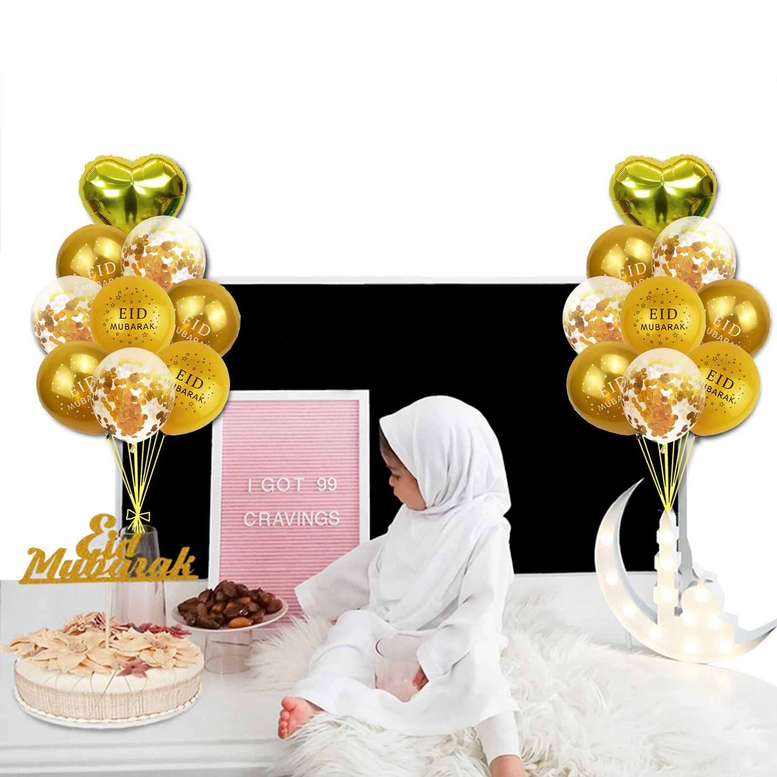 

Eid Mubarak Latex Balloons Heart Shape Transparent Sequins Balloon Gold Confetti Balloons for Ramadan Decorations