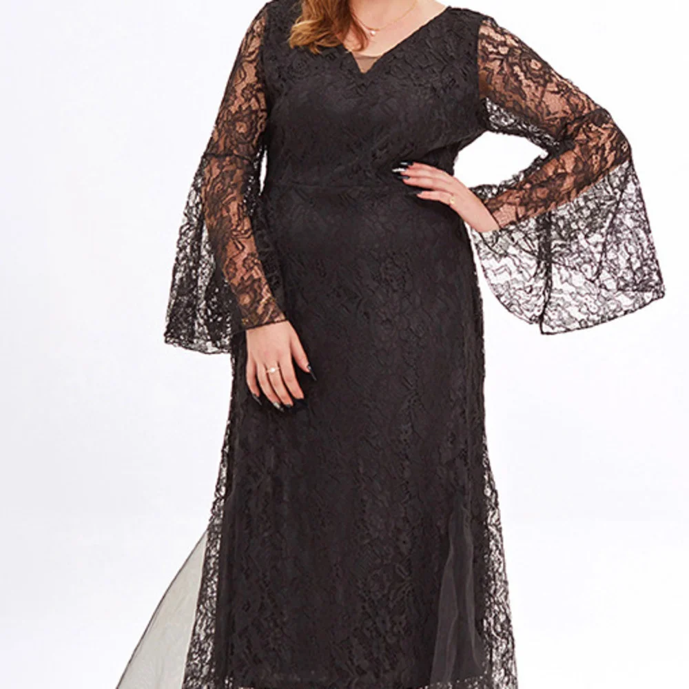 Plus Size Large Women's Dress New Elegant V-neck Silk Color Women's Mesh Dress Flare Long Sleeves Fat MM Elegant Lace Dresses