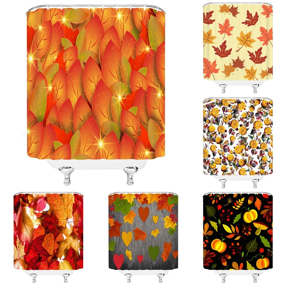 

Autumn Fallen Leaves Scenery Shower Curtain Pumpkin Harvest Maple Leaf Landscape Thanksgiving Bath Curtains Bathroom Decor Home