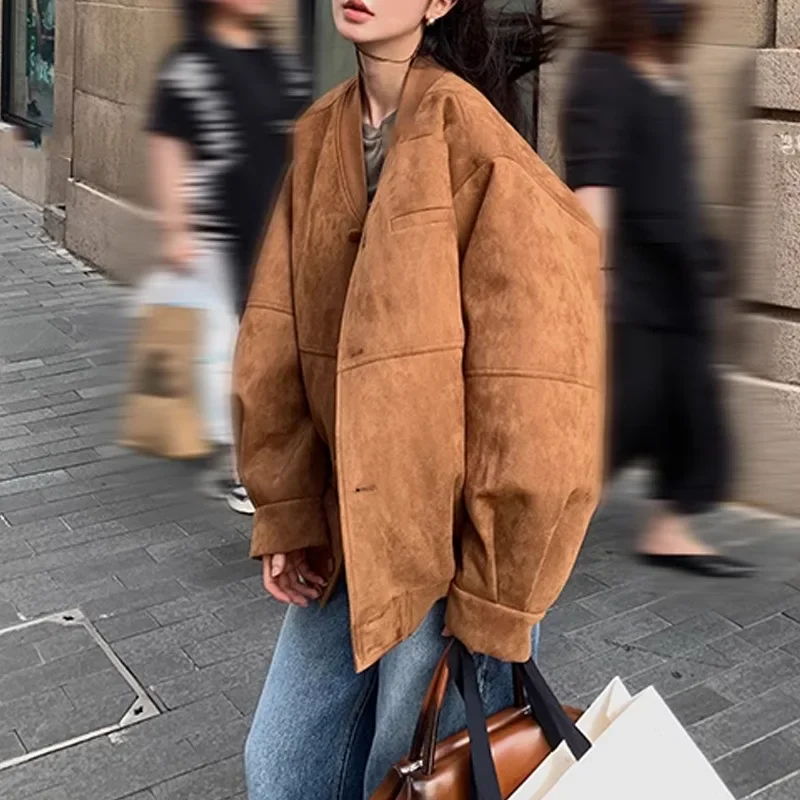 Винтажная повседневная куртка свободного кроя из замши топ для женщин осенний