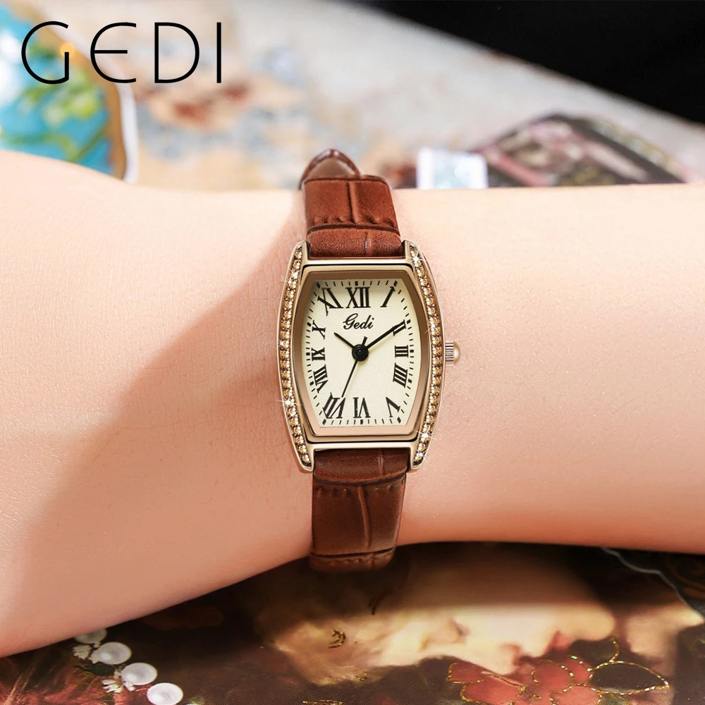 GEDI Fashion Women Watches Leather Strap Retro Roman Dial Waterproof Woman Quartz Wristwatches Casual Dress Ladies Clock 51127