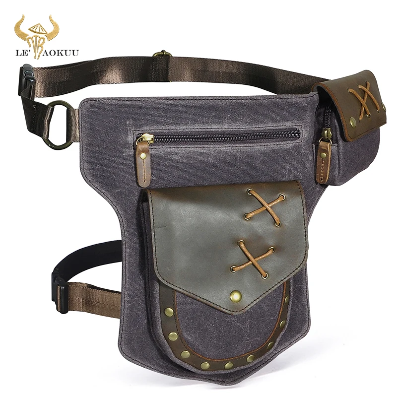 

Canvas+Crazy Horse Leather Messenger One Shoulder Bag Design Travel Fanny Waist Belt Pack Drop Thigh Leg Bag For Men Male 211-8