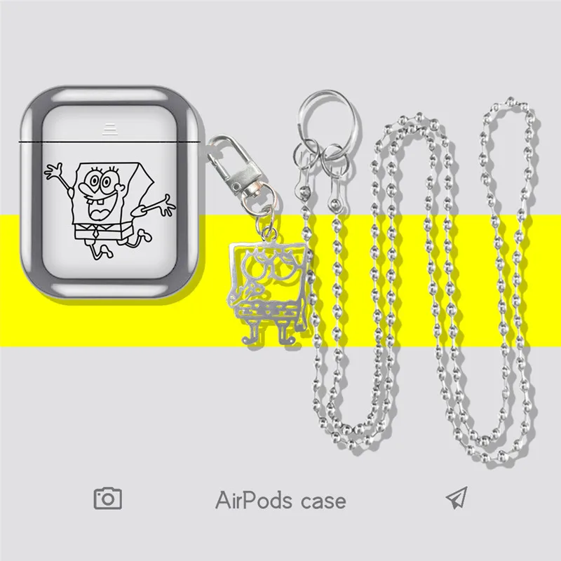 

Kawaii Губка Боб Квадратные брюки Airpods Чехол аниме Airpods1/2/3Pro Гальваническая подвеска цепь Bluetooth гарнитура подарок для девочек