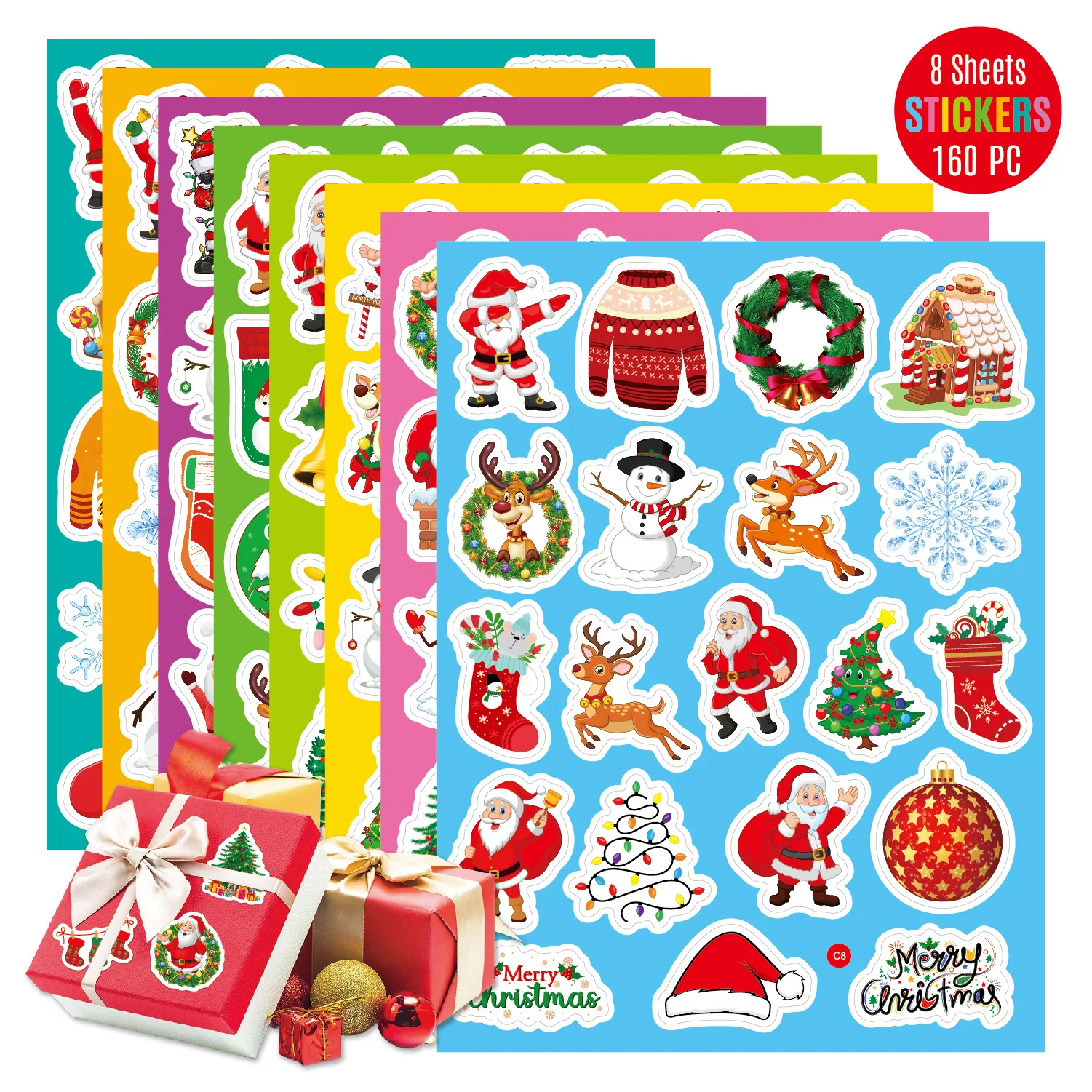 

8 Sheets/160PCS Merry Christmas Stickers Adhesive Holiday Santa Claus Deer Stickers for Envelope Gift Decor Stationery Stickers