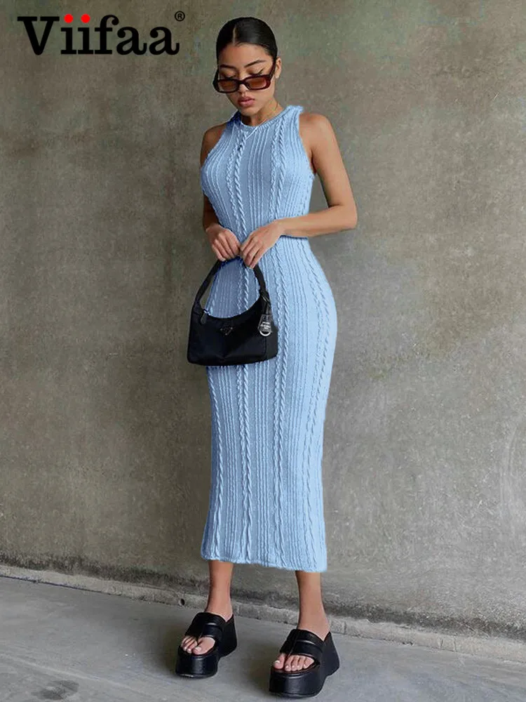 

Viifaa Solid Knit Long Dresses for Women 2022 Summer Clothes O-Neck Sleeveless Bodycon Casual Midi Length Tank Dress