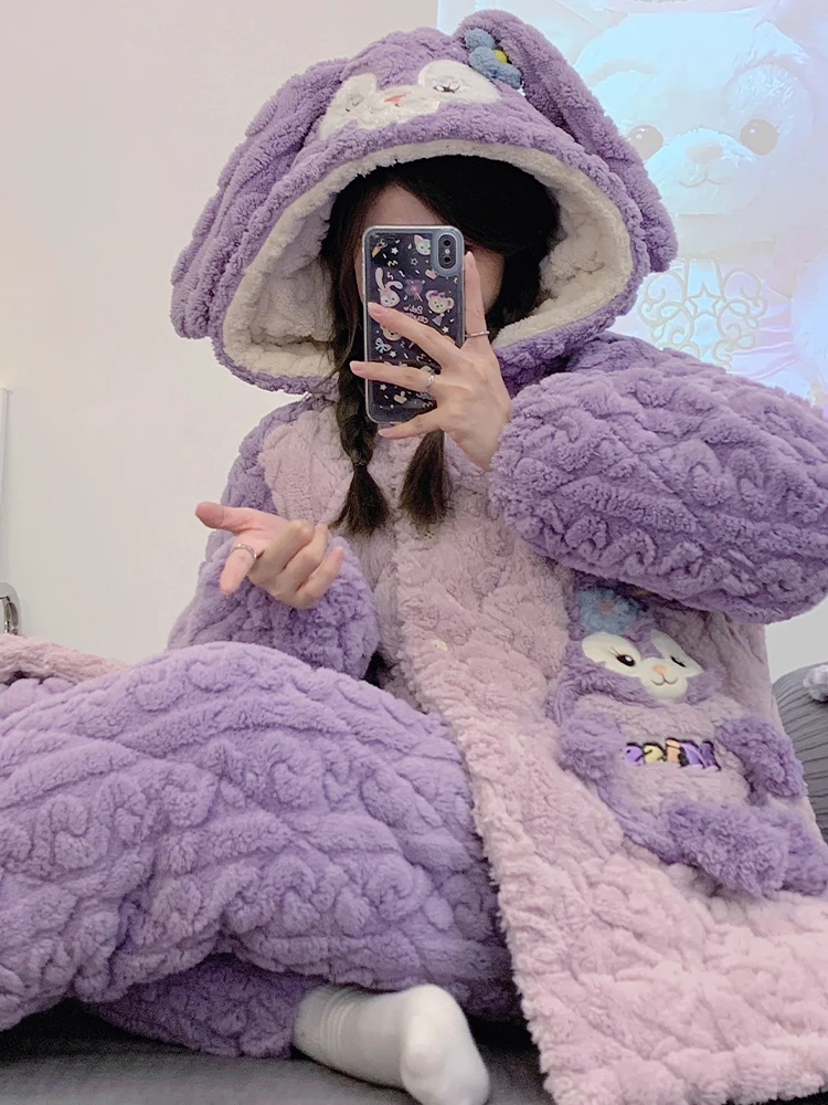 Coral Fleece Pajamas Autumn and Winter Women Three-Layer Quilted Thickened Cartoon Cute Flannel Long sleeve Home Wear Set