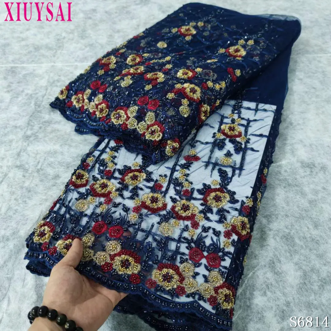 

Luxury African Handmade Beaded Lace Fabric 2023 High Quality French Embroidery Nigeria Net Lace Fabrics for Sewing