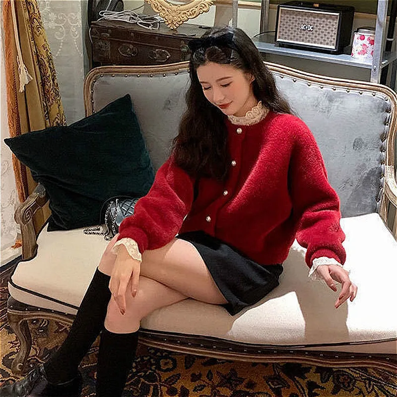 F GIRLS  Cardigan Women Solid Knitted Retro Popular Korean Style Jumper Sweaters Newest Daily All-match Loose O-Neck Vintage