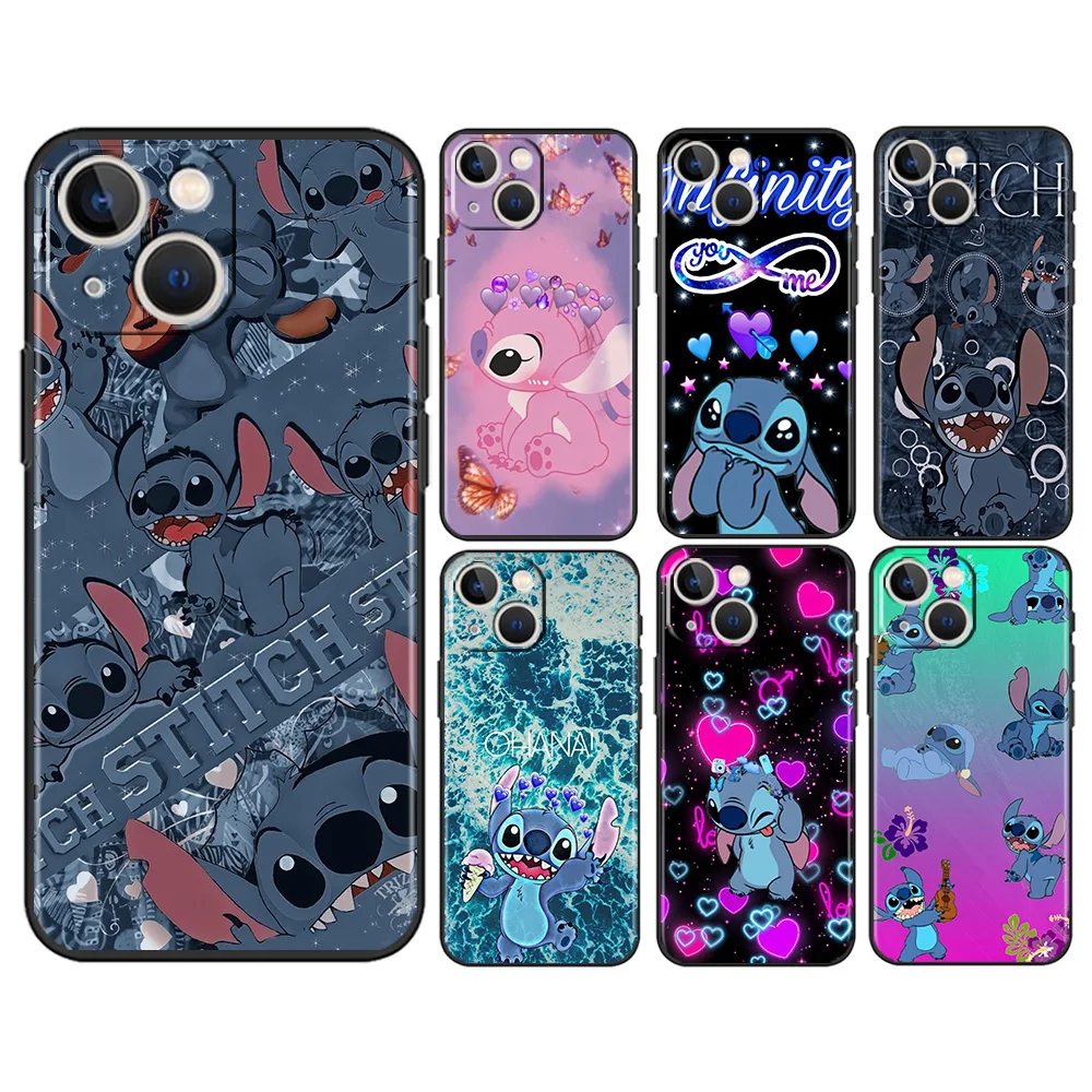 

Disney Cute Stitch For iPhone 14 13 12 11 Pro Max Mini XS Max X XR 7 8 Plus 6 Plus Silicone Black Shell Phone Case