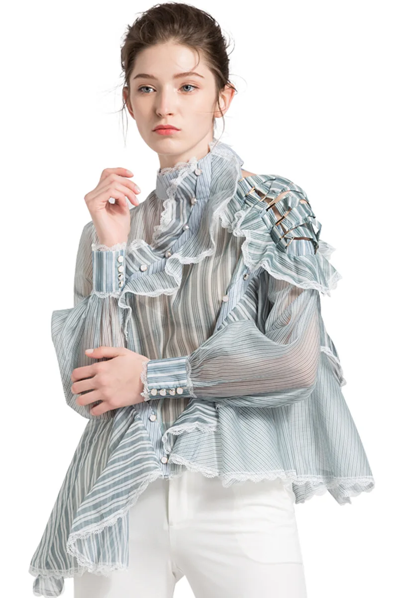 

SuperAen Short Shirts Women's 2020 SpringGreen Stripe Organza Turtleneck Patchwork Sexy Blouse Summer
