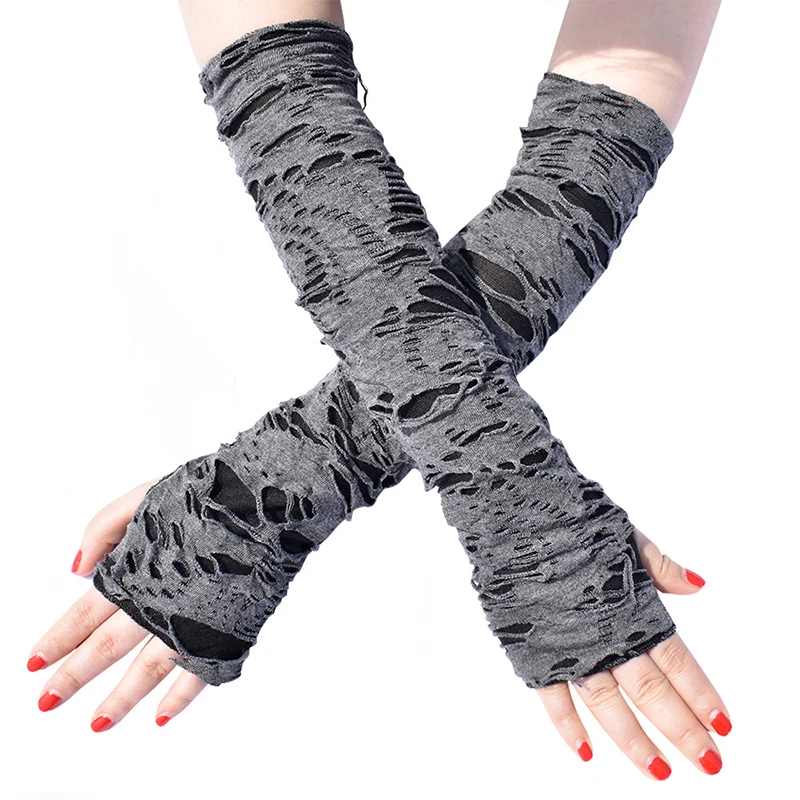 

Punk Cosplay Broken Slit Long Gloves Women Men Hollow Out Rock Mittens Half-finger Arm Warmer Halloween Costume Accessories