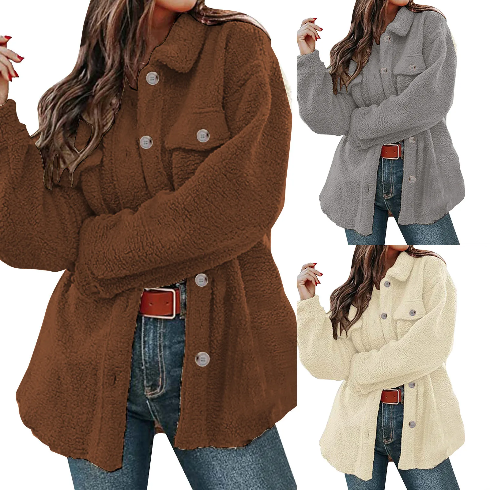 

Women's Winter Fleece Coat Solid Color Lamb Plush Warm Cardigan Coat Jacket Button Pocket Casual Keep Warm Outwear Overcoats Top