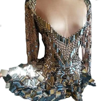glitter mirror reflective sequin short dress evening bar prom party costume women long sleeve nightclub stage performance wear