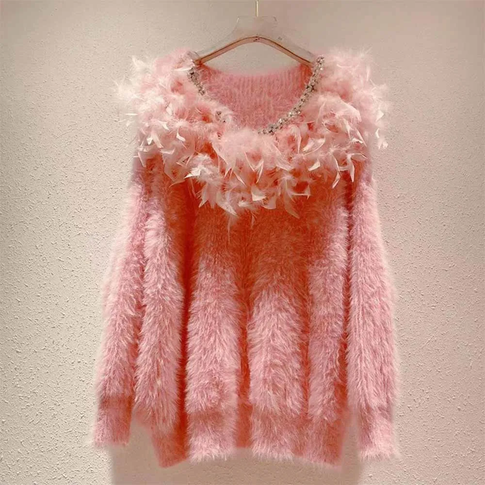 

Women 2022 Autumn Winter V-Neck Casual Long Sleeve Sweater Female Rhinestone Knitted Sweater Ladies Knitwear Pullover Jumpers