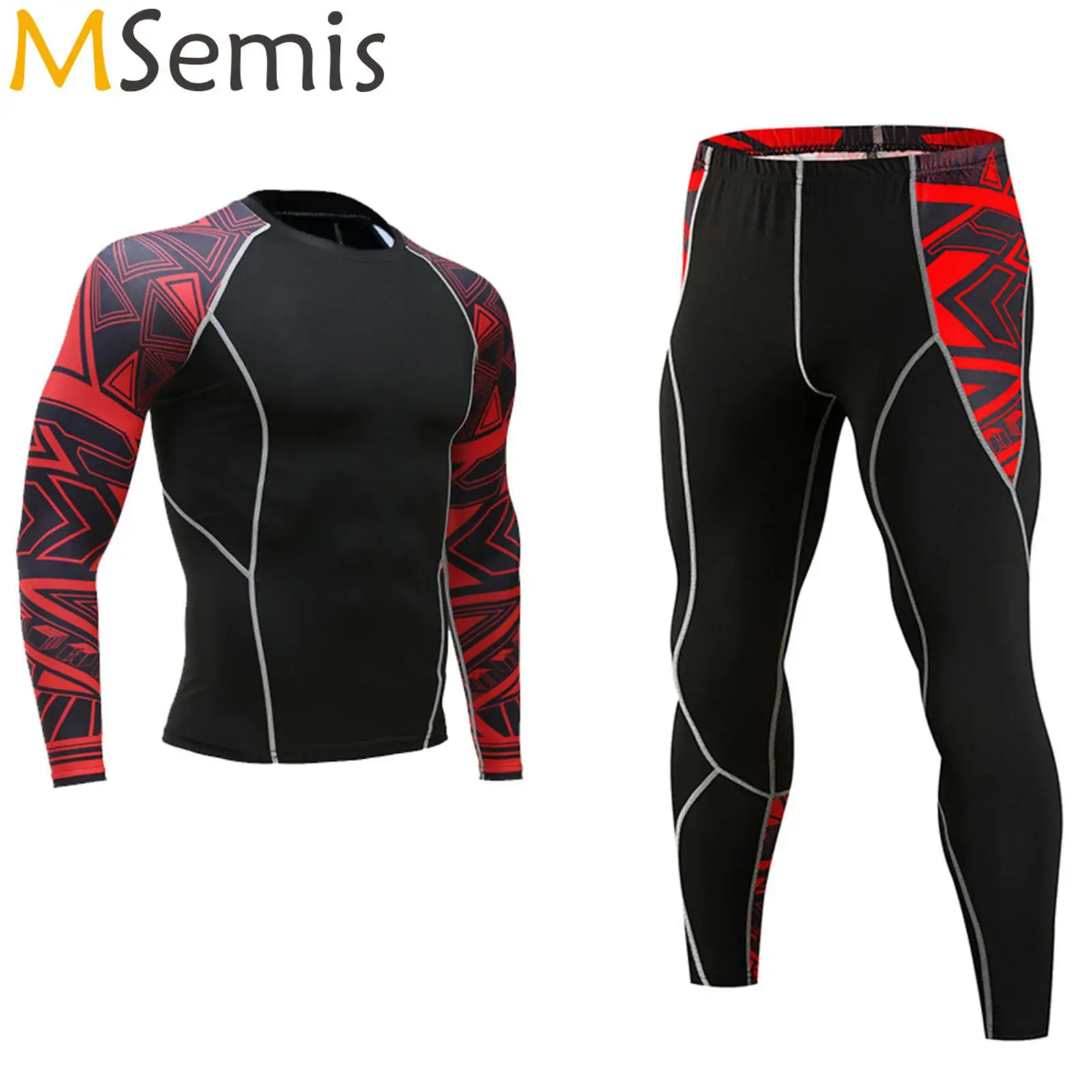 

2Pcs Men Sportswear Tracksuit Long Sleeve Print Stretchy Top Pants Set Sport Outfit Running Training Set Gym Fitness Costume