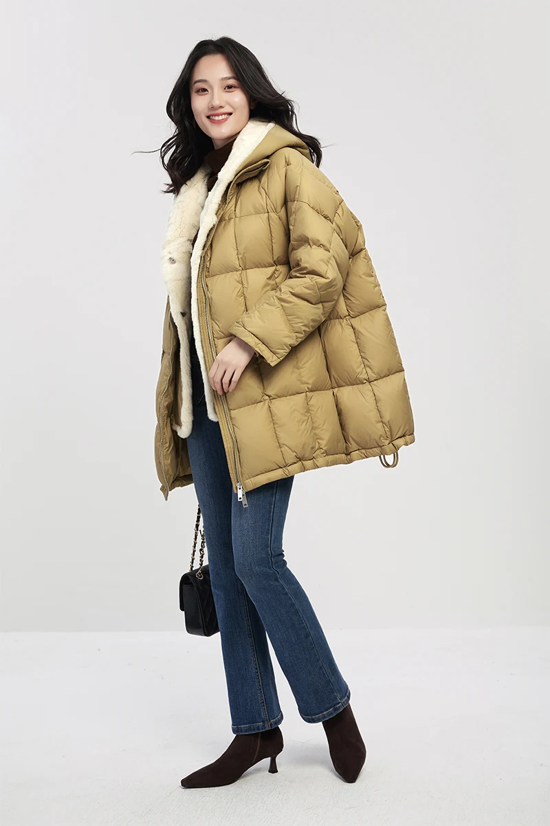 High Quality Winter Coat Women 90% White Duck Down  High Street  Wide-waisted Zipper Rabbit Collar Detachable Jacket Women