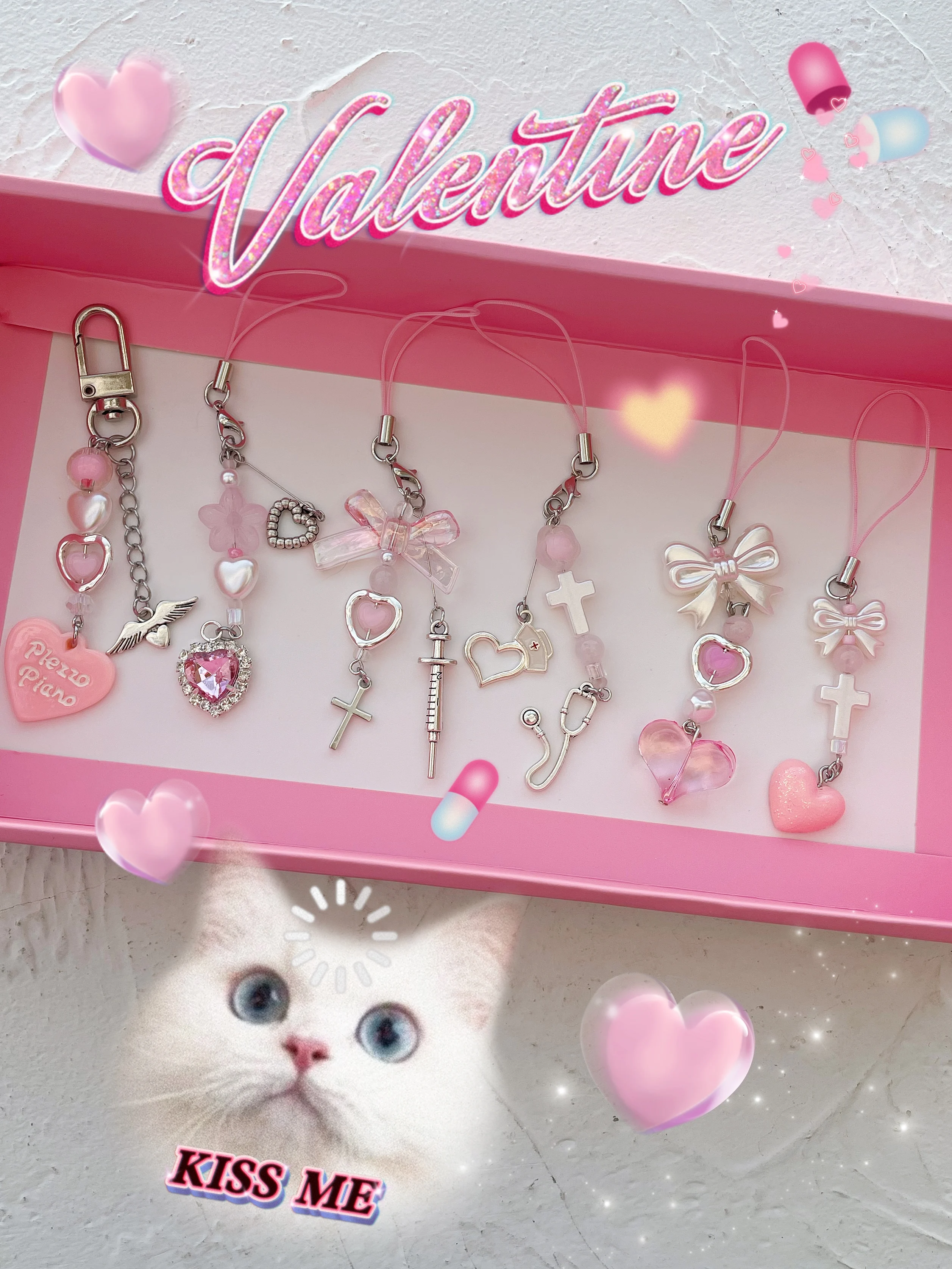 Original Beaded Pendant Cute Pink Sweet Love Injection Cool Hanging Chain Goo Girl Women Mobile Phone Strap Lanyard Handmade DIY