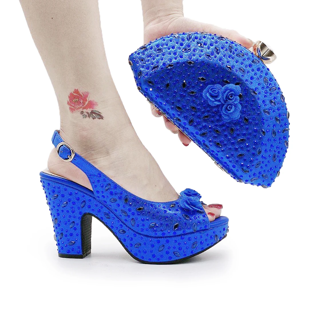 Starry Wedding Shoe with Bag Set Italian Designer Bling Bling Plus Size 41 42 Women High Sandals and Purse Set Lady Shoe Clutch