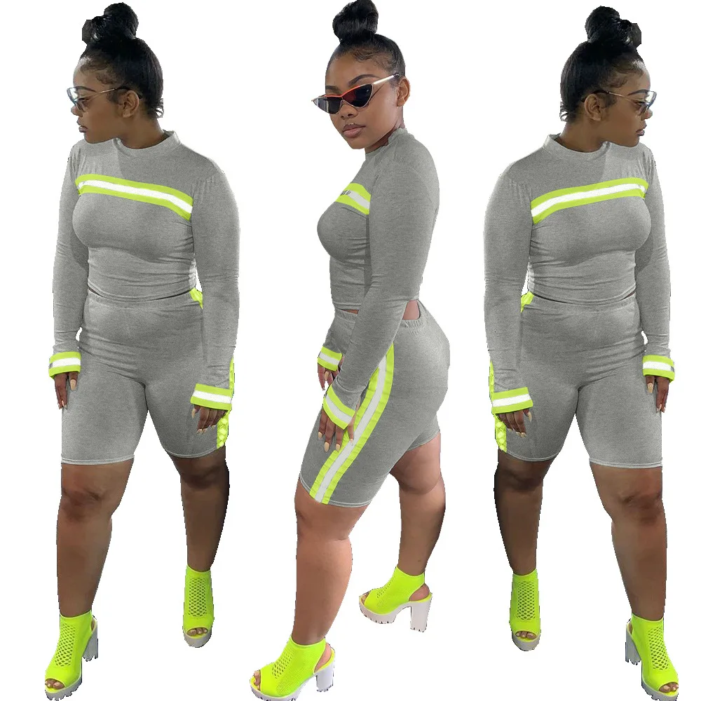 

DN8282 Ladies Casual Two Piece Summer Women Streetwear Fashion Sports Reflective Webbing Shorts Suit Women