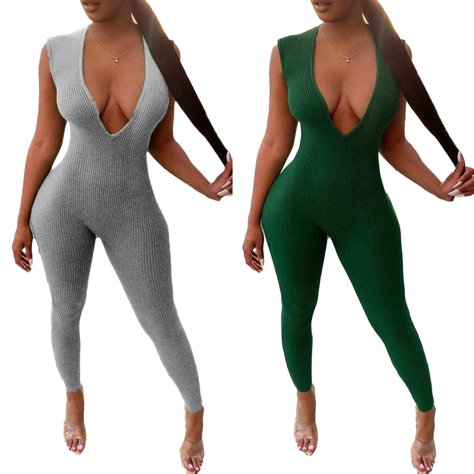 Deep V Neck Ribbed Long Jumpsuits Sleeveless Women Skinny Solid Army Green Bodycon Fashion Push Up One Piece Outfits