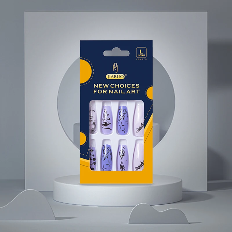

JIARUO 24PCS/BOX Mid-length Press on Nail Coffin Fake Nail Purple Y2k Hand Drawn Anime Pattern Nail Art Patch Full Coverage Nail