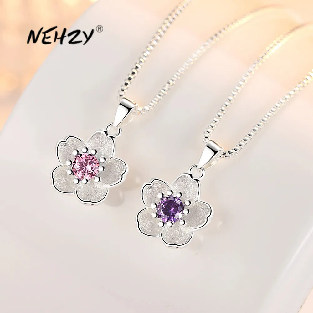 

NEHZY Silver Plating New Woman Fashion Jewelry High Quality Pink Purple Cubic Zirconia Flower Pendant Necklace Length 45CM