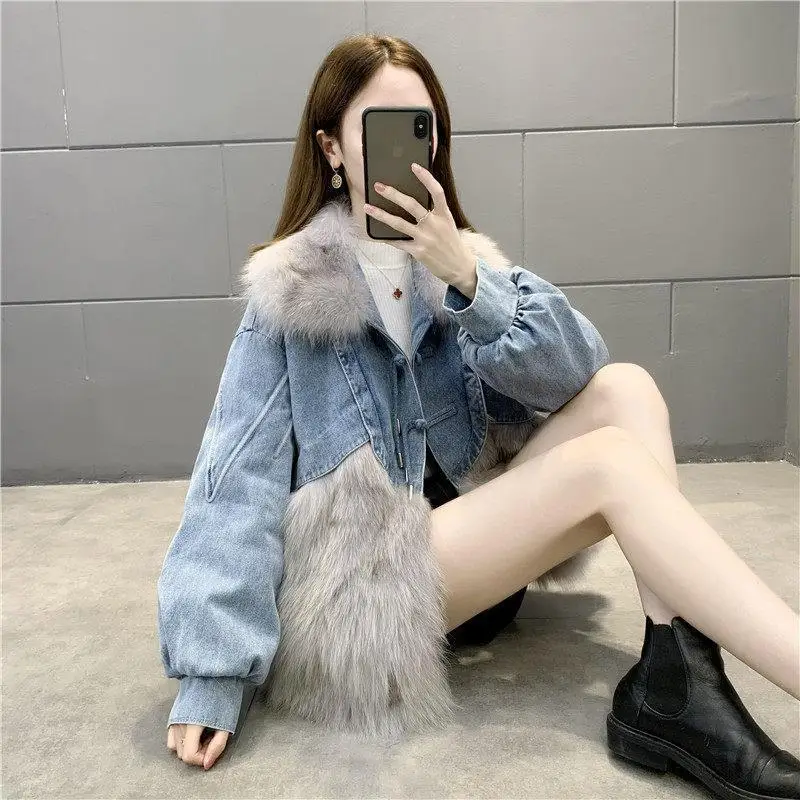 New Winter Faux Fur Coat Women's Basic Sweet Fox Fur Collar Denim Jackets Overcoat Thick Warm Bomber Female Jeans Jacket Tops