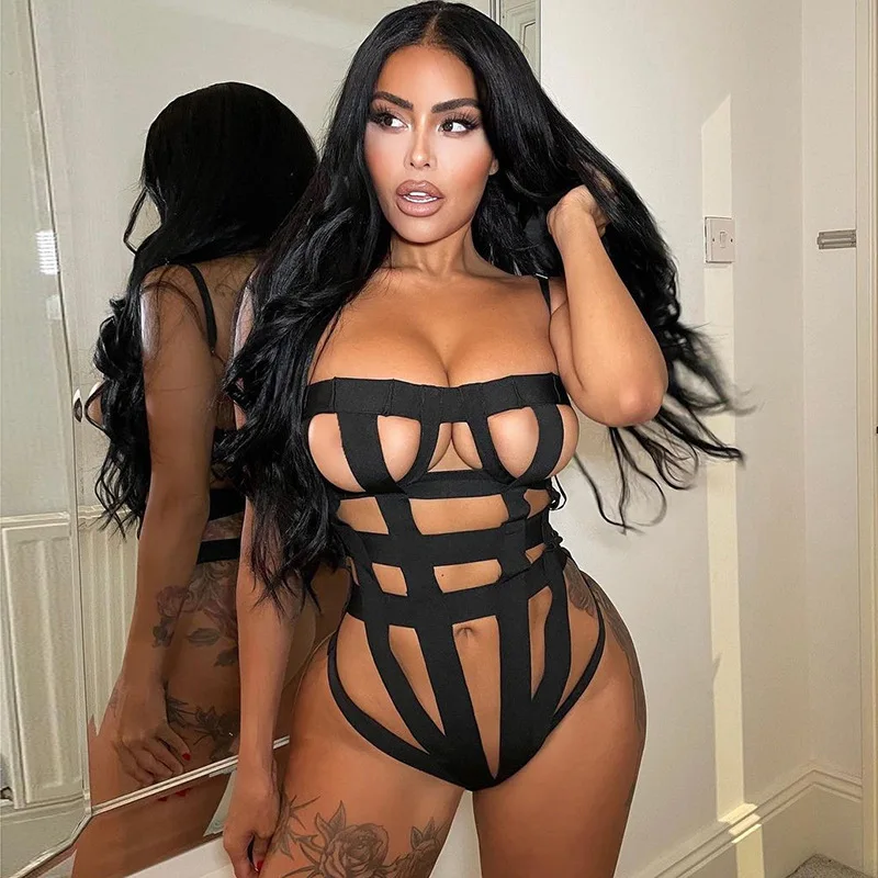 

Adogirl Sexy Women Bandage Cross Hollow Out Sleeveless Bodycon Bodysuits Backless See Through Cut Out Night Club Party Jumpsuit