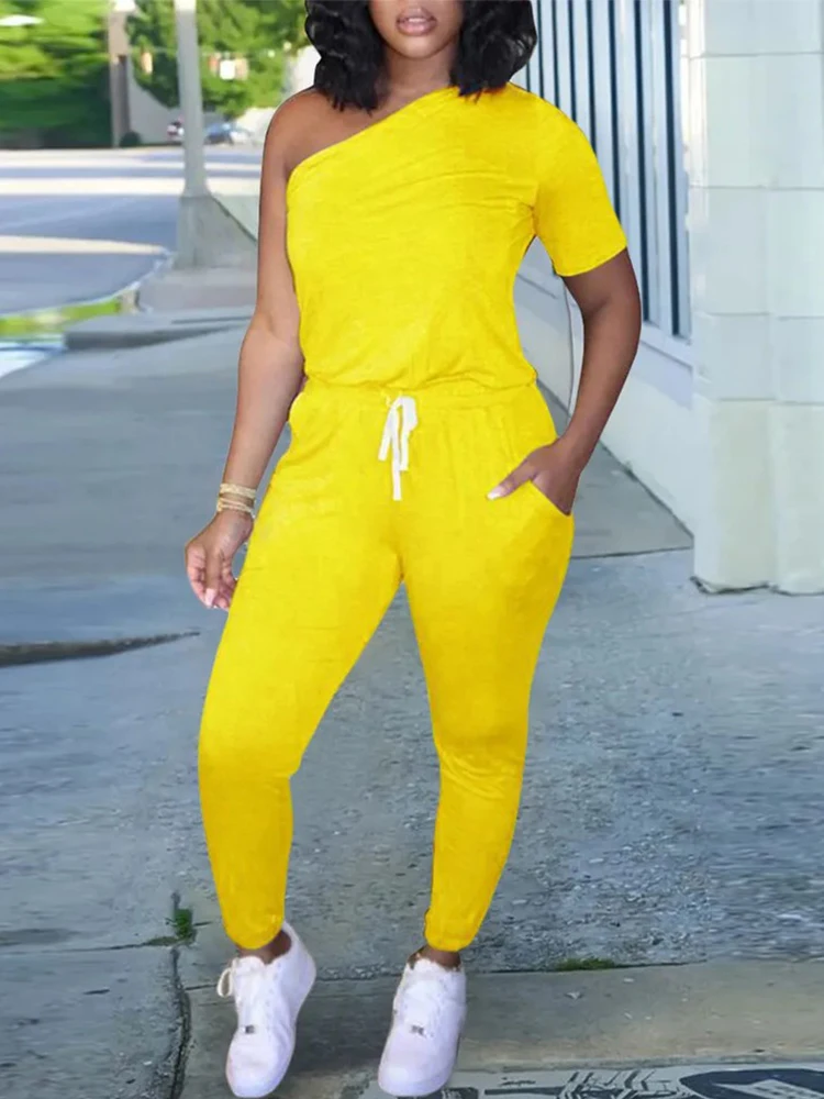 

Sets Outifits 2022 Autumn One Shoulder Pocket Detail Drawstring Jumpsuit Of One Fashion Casual Pieces For Women Tracksuits Fema