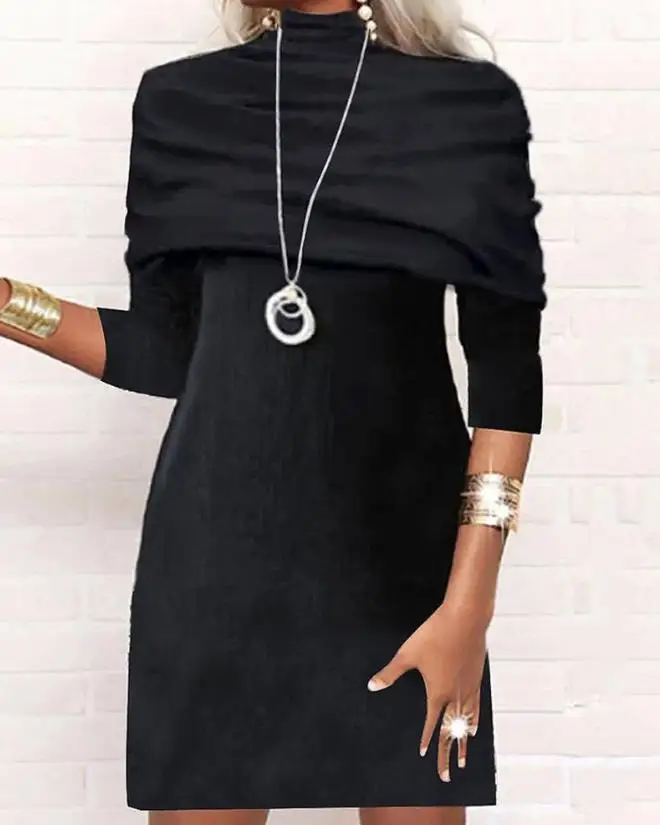 

Dresses for Women 2022 Patchwork Long Sleeve Mock Neck Casual Mini Straight Dress New Fashion Autumn
