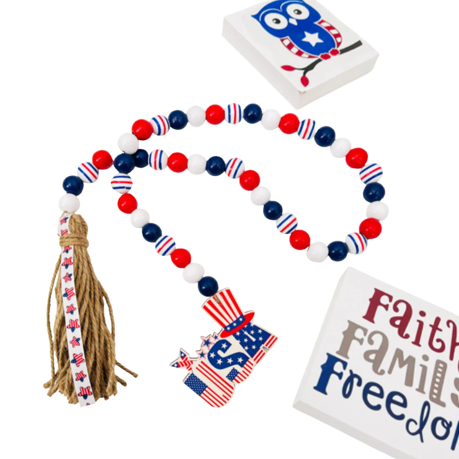 

Patriotic Wood Bead Garland 4th Of July Wooden Beads Farmhouse Prayer Beads Independence Day 4th Of July Ornaments 33.5in In