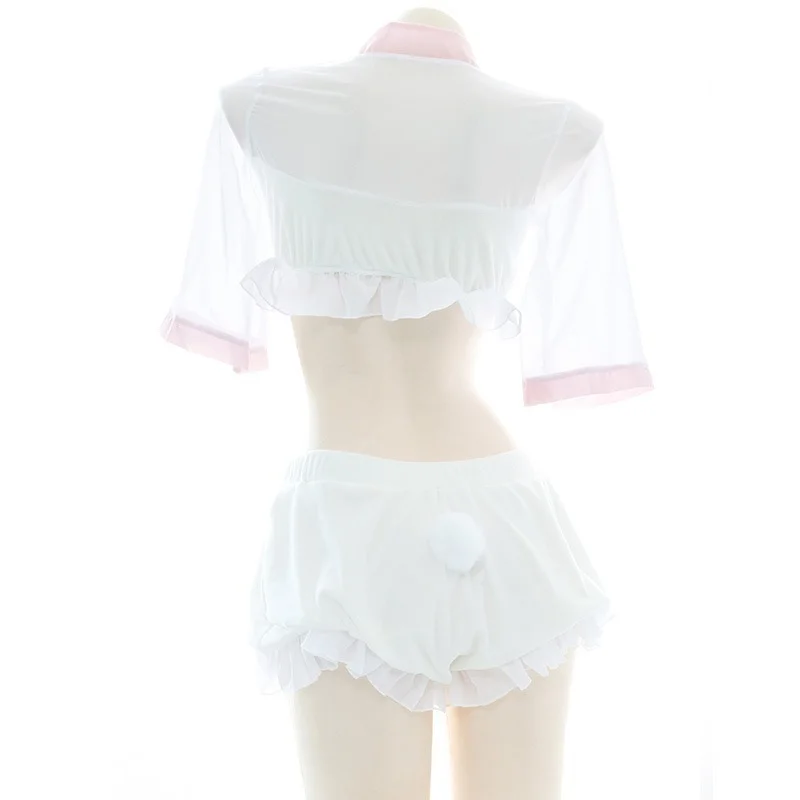 Kawaii Pajama Set Summer Ruffles Cheongsam Sleep Tops with Shorts Suit Women Loungewear Cute Sexy Sleepwear Bedroom Set White