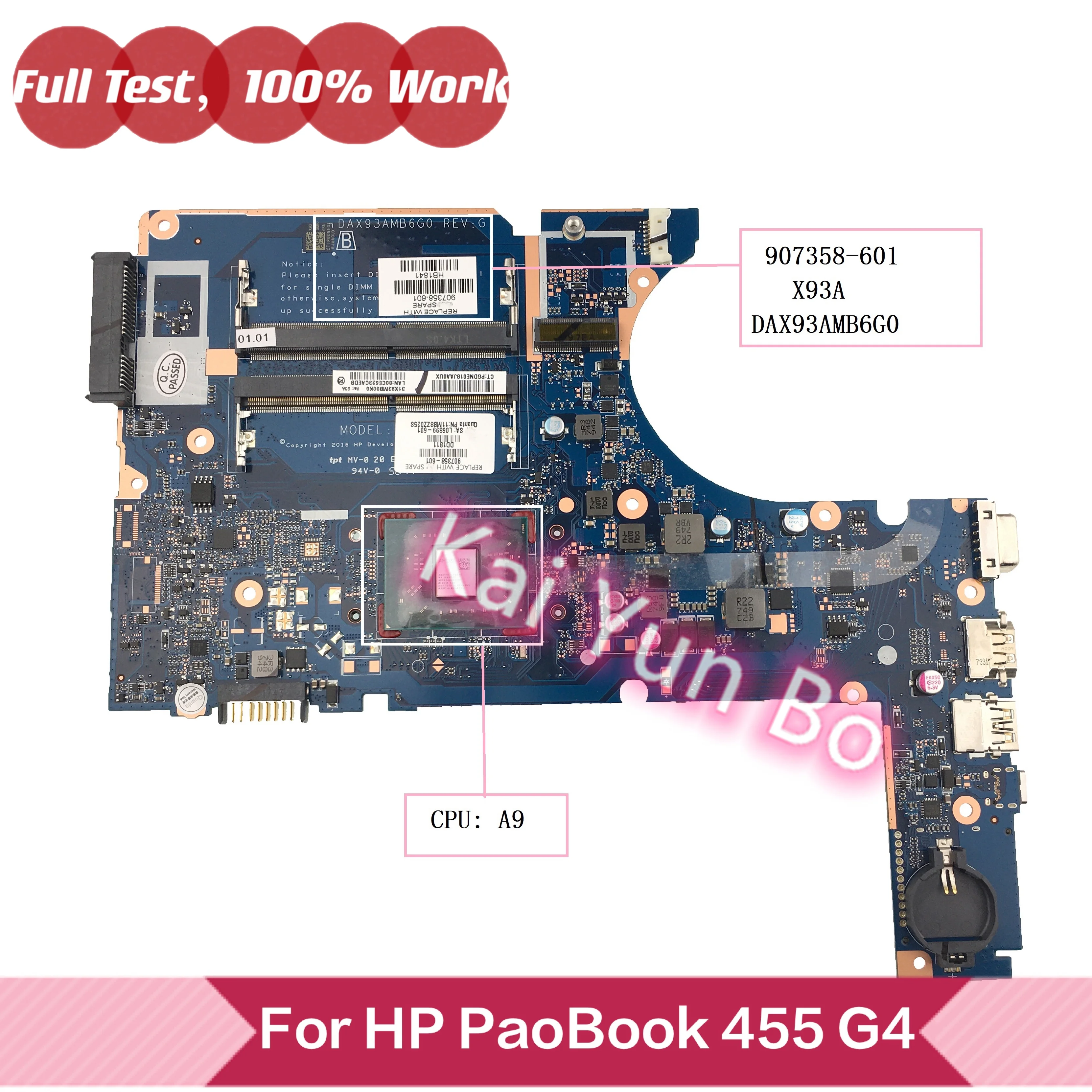 

907358-601 For HP ProBook 445 G4 455 G4 Laptop Motherboard 907358-001 907358-501 911246-001 DAX93AMB6G0 With A9-9410 CPU DDR4