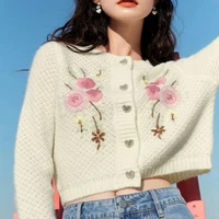 retro style knitted cardigan 2022 autumn three dimensional flower embroidery new fashion all match white round neck sweater coat
