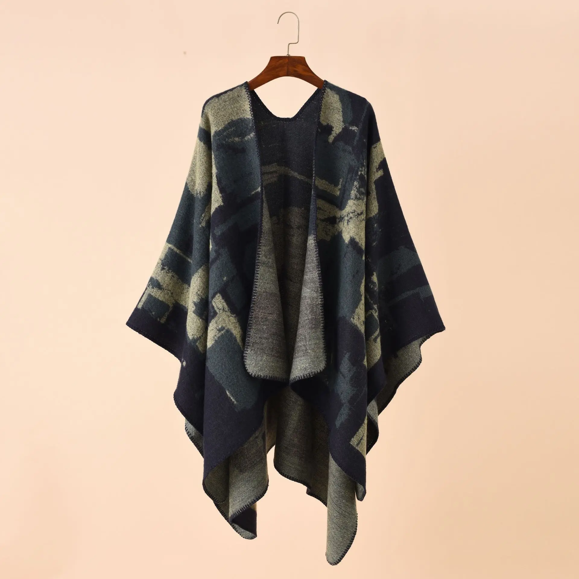 

2022 Autumn Winter Irregular Geometric Lattice Pattern Imitation Cashmere Shawl Air Conditioning Room Cloak Poncho Capes Navy
