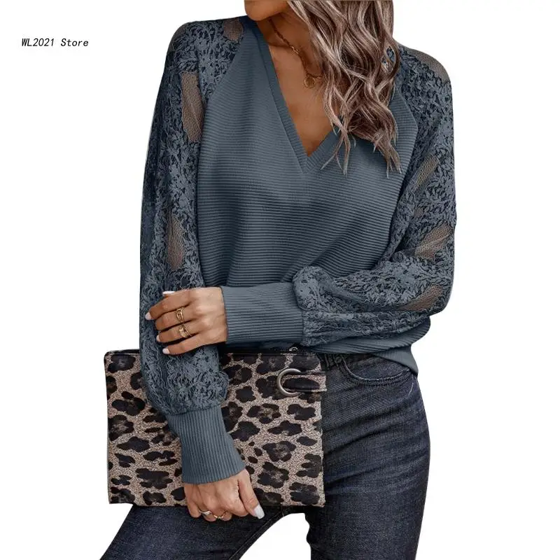 

Женская кружевная рубашка с длинным рукавом и V-образным вырезом