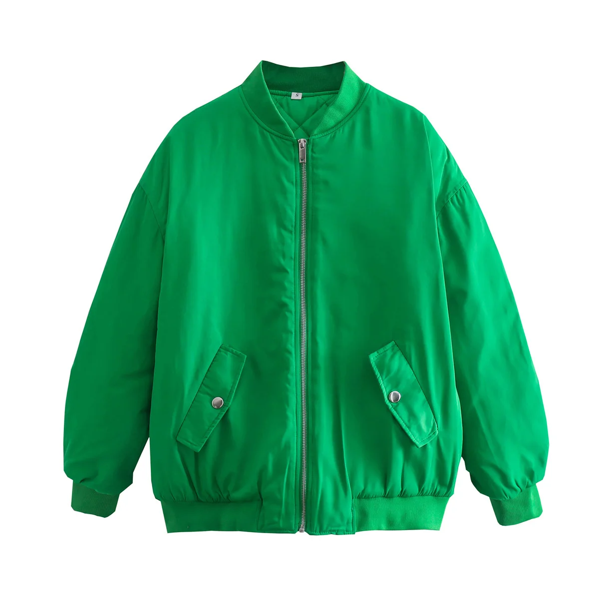 Green Fashion Bomber Jackets For Women 2022 Autumn Winter Pocket Decoration Loose Jacket Oversized Cotton Padded Lady Coats