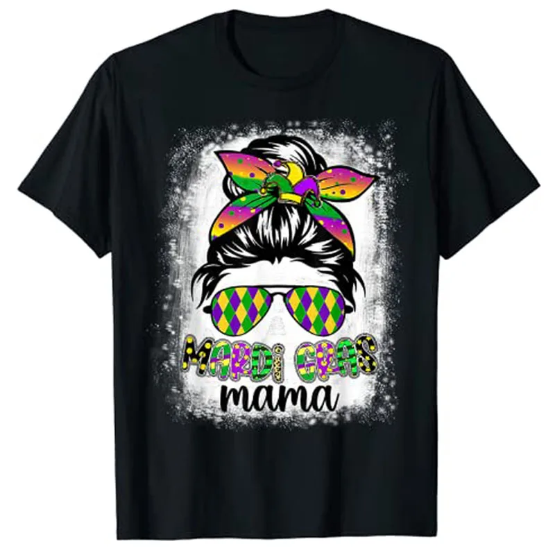 

Messy Bun Hair Glasses New Orleans Carnival Mardi Gras Mama T-Shirt Women's Fashion Mom Gifts Graphic Tee Tops Aesthetic Clothes