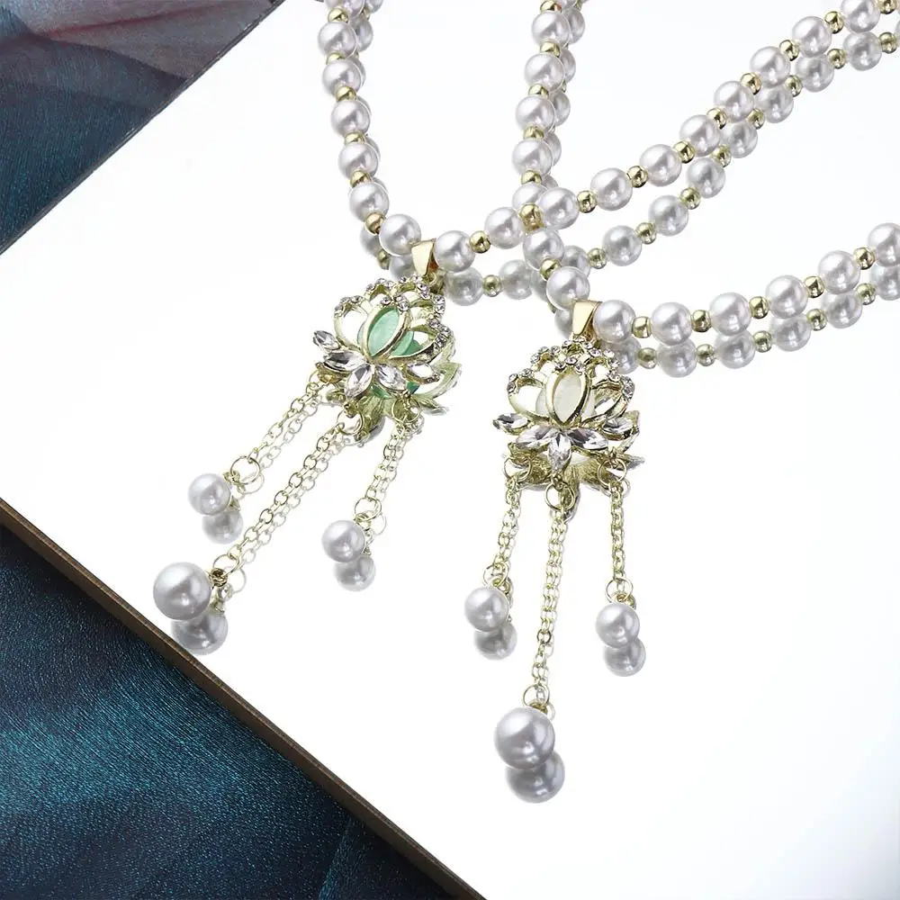 

Tassel Pearls Y2k Necklace Party Jewelry Bead Lotus Shape Korean Style Necklace Women's Necklace Crystal Pendant
