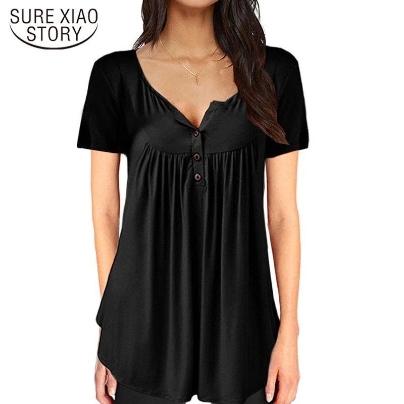 

2022 Summer New Europe and America Solid Color Buttons Loose Short Sleeve Tops Plus Size S-5xl Women's Cotton T-Shirts 19070