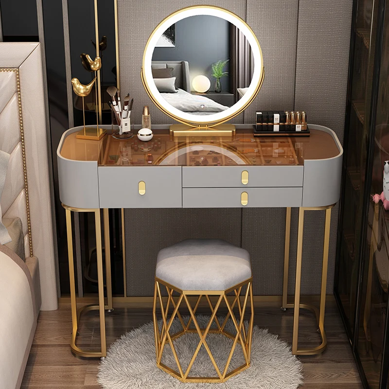 

Nordic Drawer Dressing Table Brown Glass Led Light Dressing Table Storage Vintage Stool Penteadeira De Maquiagem Accessories