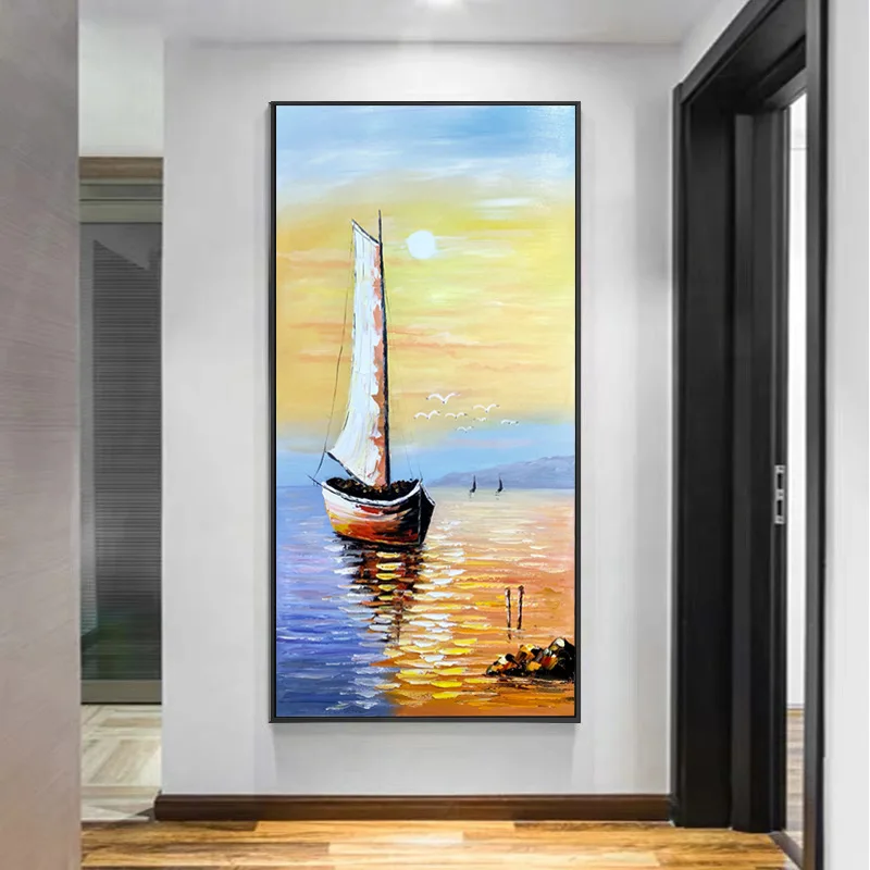 

Entrance Oil Painting Corridor Hand-Painted Decorative Seascape Sailboat Wall Mural Light Luxury Modern Minimalist Atmosphere