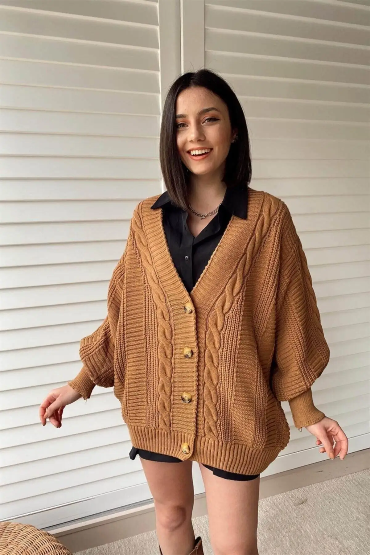 

Women's Cardigan Brown Balloon Sleeve sportswear Casual Knitted Quality Fashion Cardigan Sweaters Loose Sweater Sweater Jumper