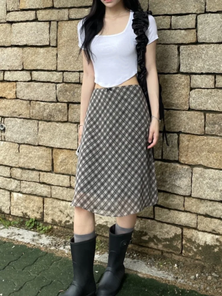 Юбка-миди Женская клетчатая в полоску свободная плиссированная юбка с