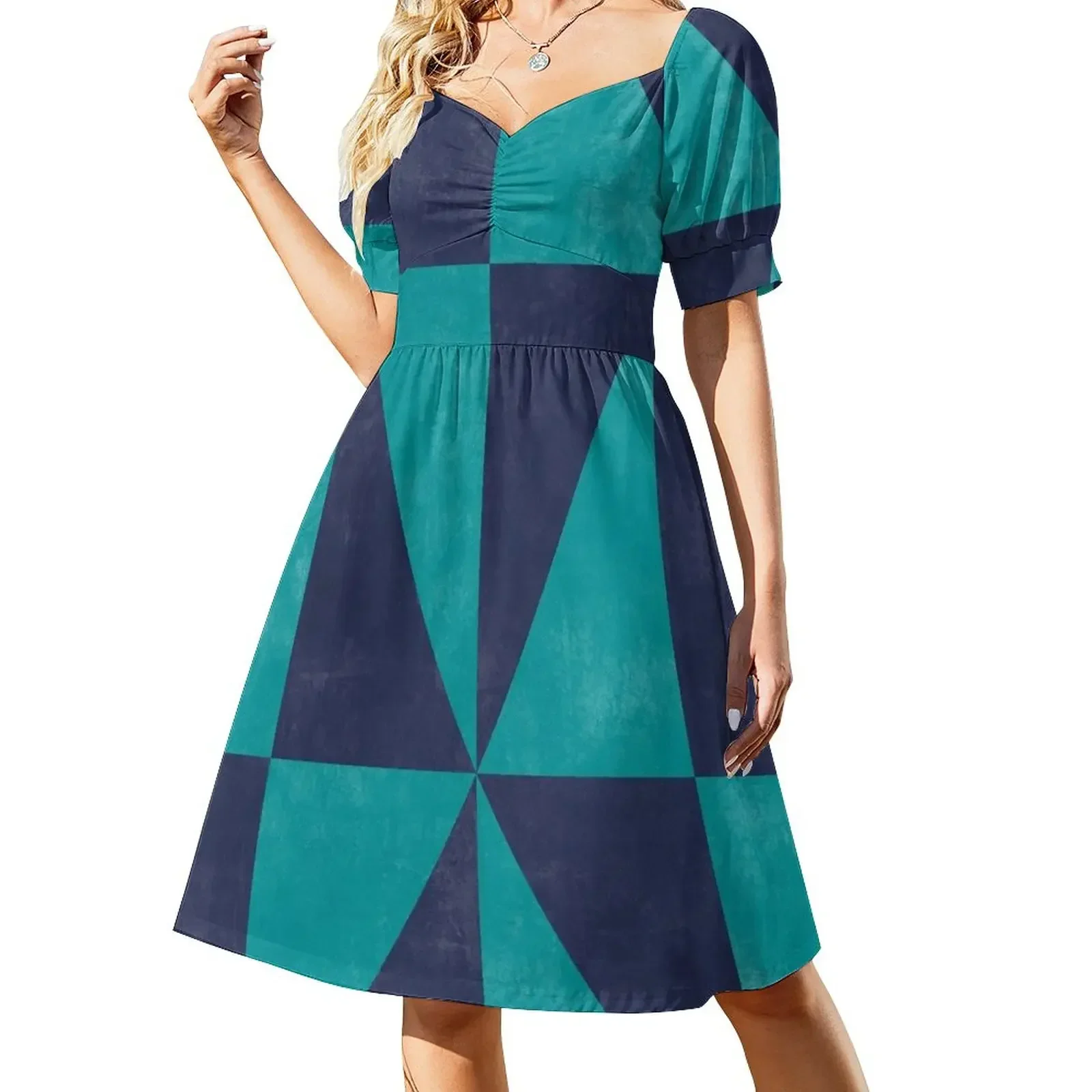 Платье без рукавов с геометрическим треугольником - бирюзовое синее бетонное