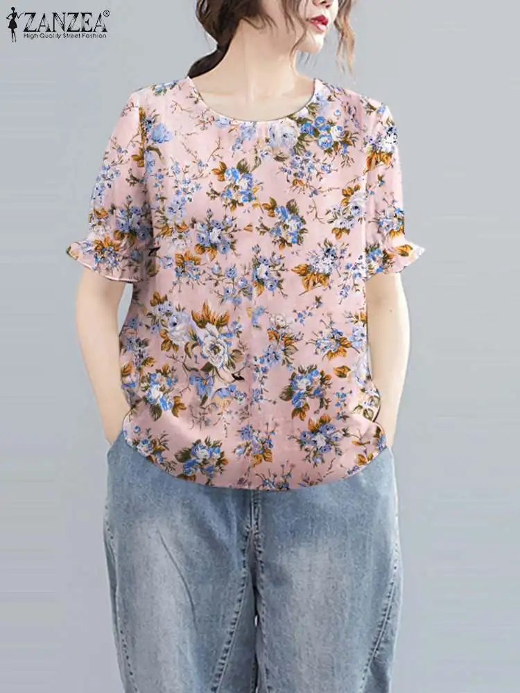 

ZANZEA Vintage Printed Camisas Women Summer Blouse 2022 Fashion Holiday O Neck Tops Casual Short Sleeve Shirts Oversized Chemise